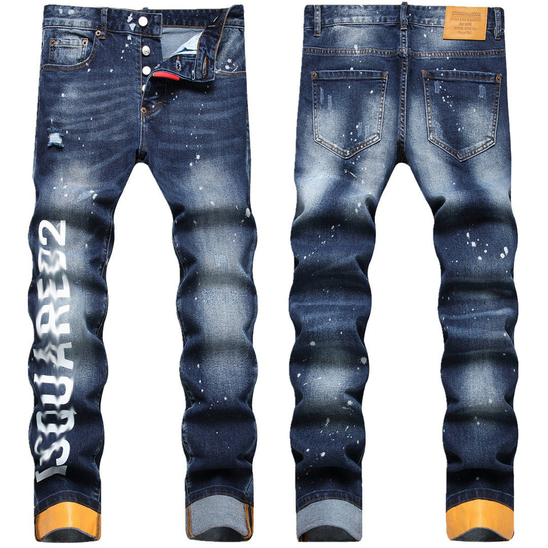 New-DSQ2 Printed Fashion Dotted Paint Hole Slim Fit Jeans