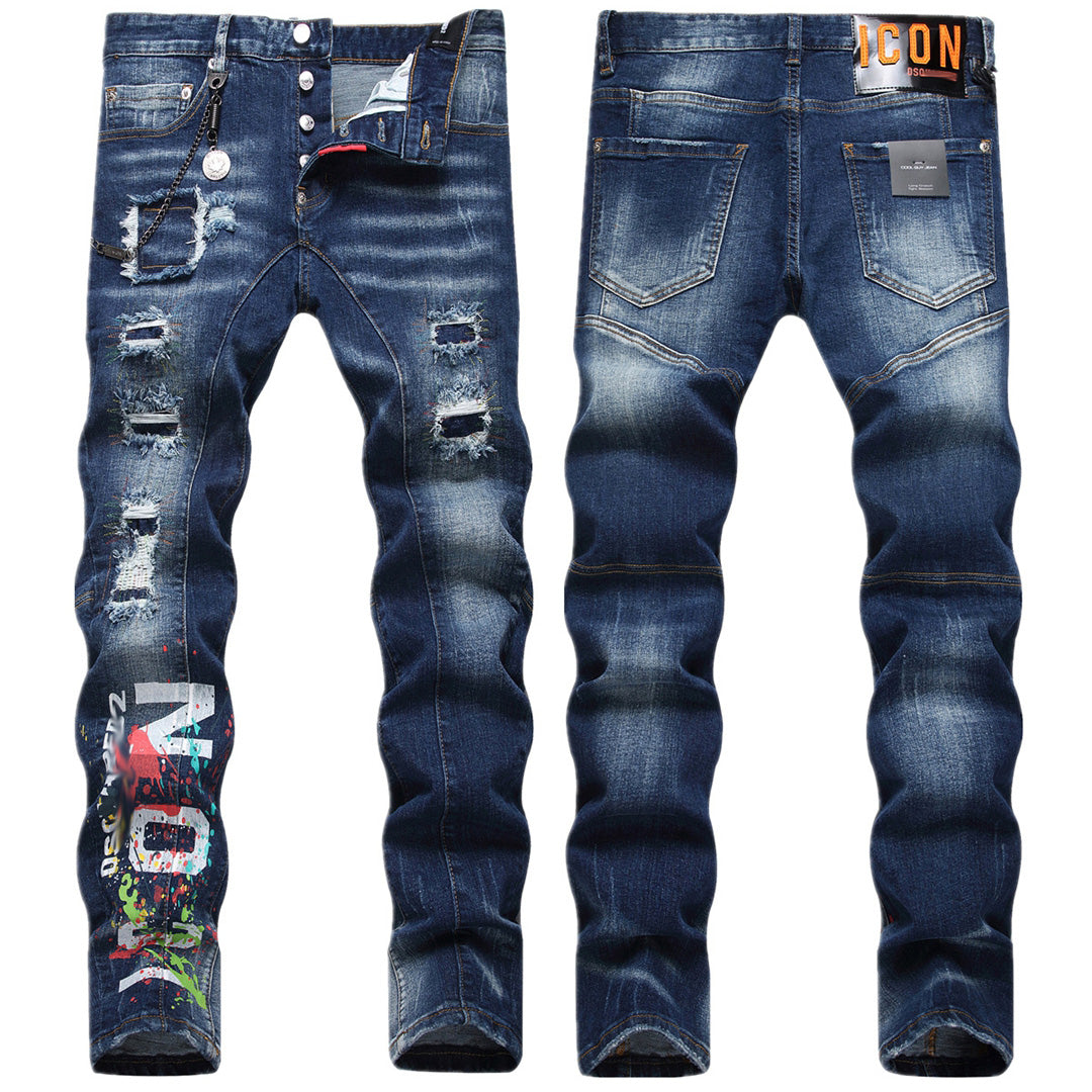 New-DSQ2 Hip-hop digital printing random line patch hanging chain decoration elastic Jeans