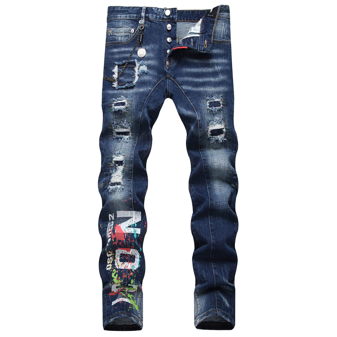 New-DSQ2 Hip-hop digital printing random line patch hanging chain decoration elastic Jeans