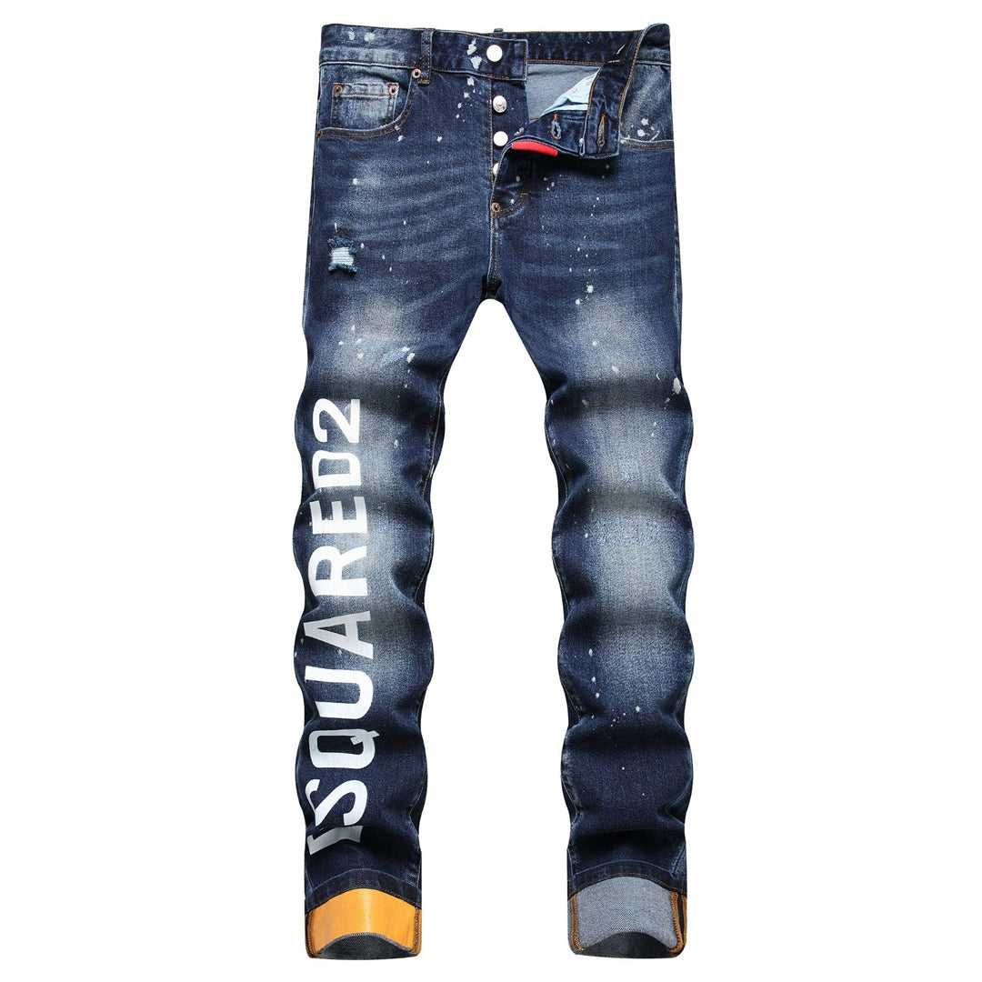 New-DSQ2 Printed Fashion Dotted Paint Hole Slim Fit Jeans