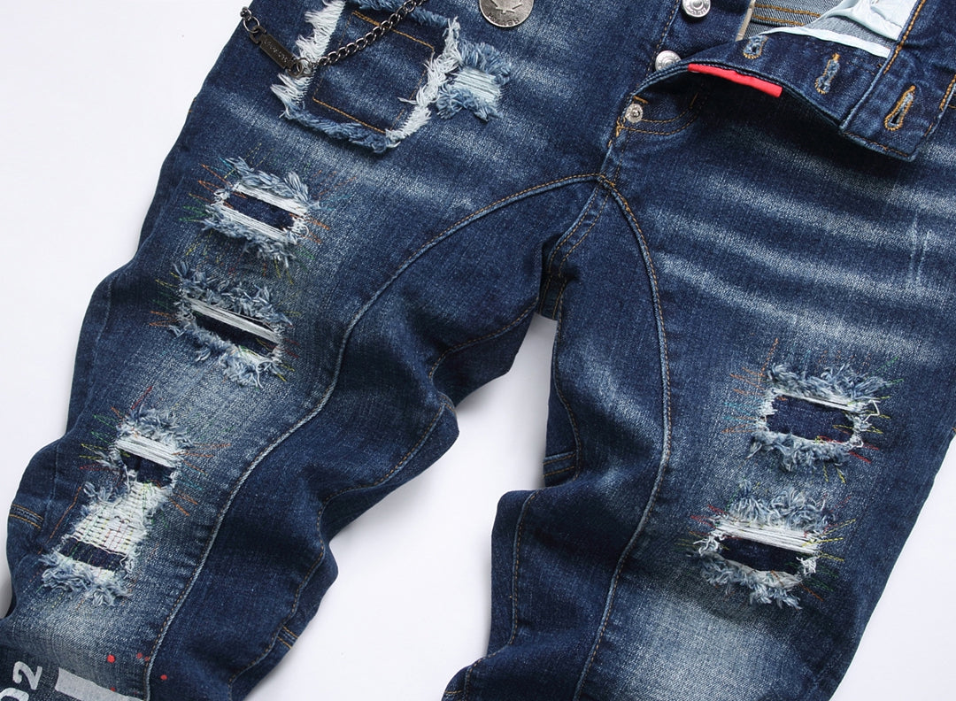 New-DSQ2 Hip-hop digital printing random line patch hanging chain decoration elastic Jeans