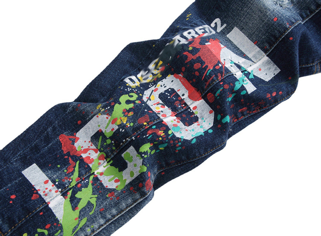 New-DSQ2 Hip-hop digital printing random line patch hanging chain decoration elastic Jeans